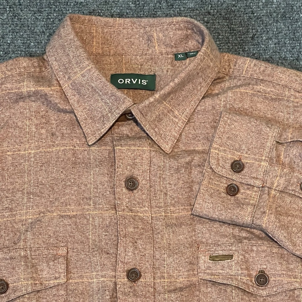 Orvis Fairbanks Flannel Mens XL Elbow Patch Plaid Button Up 100% Cotton